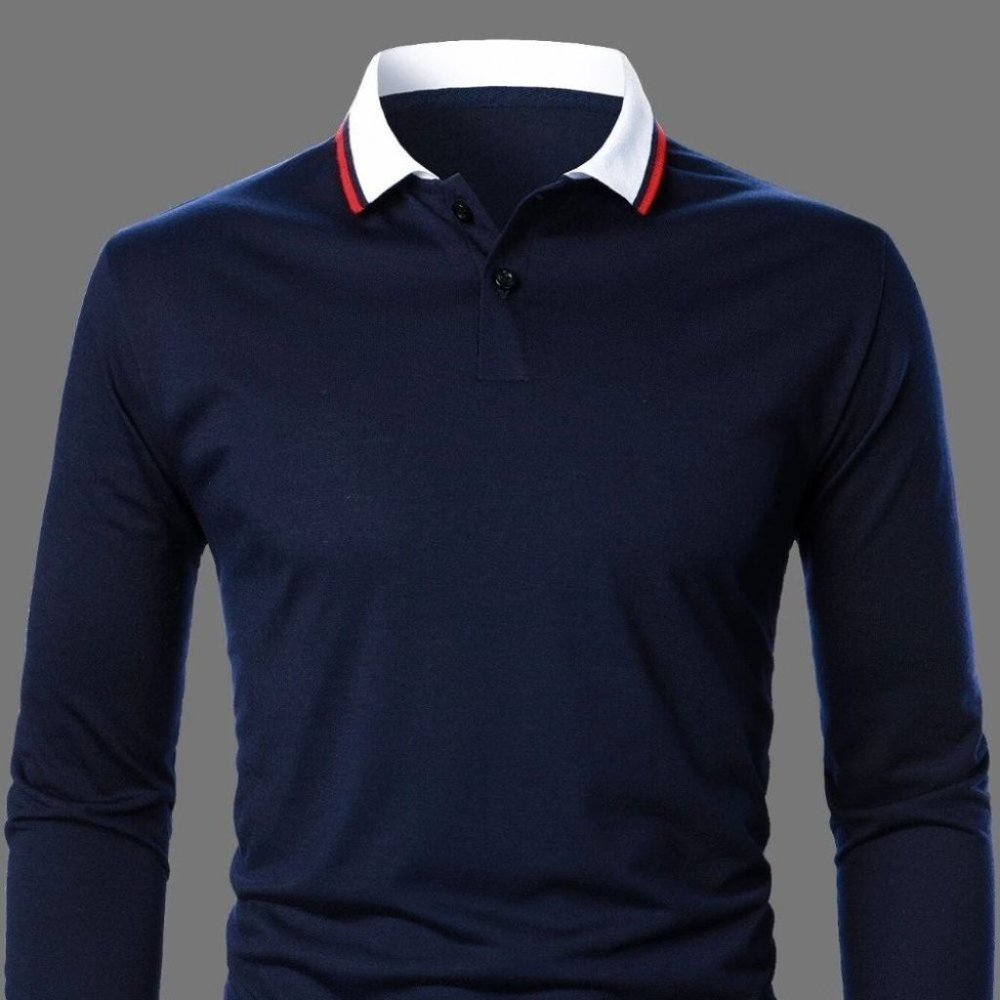 Casual Navy Blue Trim Men's Polo Shirt w/Red and White Stripes - Picture 5 of 9